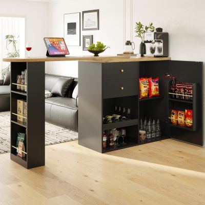 Meuble Bar - Meuble Bar Pivotant avec 2 Tiroirs, Portes Coulissantes et 3 Étagères Ouvertes - MDF - Noir - 105-138x39x102 cm