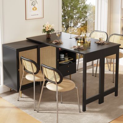 Meuble Bar - Meuble Bar Pivotant avec Étagères Ouvertes et Portes en Rotin - MDF - Noir - 120-187x40x76 cm
