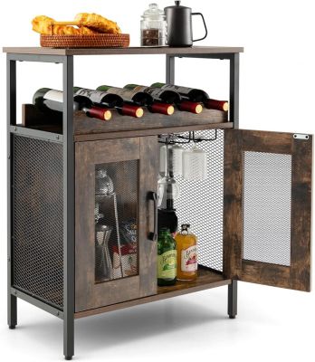 Meuble Bar à Vin Industriel  avec Porte Verres Casier à Vin Amovible Porte en Métal Grillagé 60x34x79 CM Brun