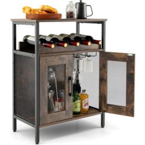 Meuble Bar à Vin Industriel  avec Porte Verres Casier à Vin Amovible Porte en Métal Grillagé 60x34x79 CM Brun