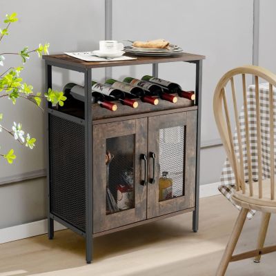 Meuble Bar à Vin Industriel  avec Porte Verres Casier à Vin Amovible Porte en Métal Grillagé 60x34x79 CM Brun