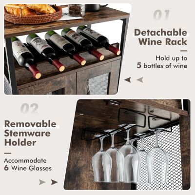 Meuble Bar à Vin Industriel  avec Porte Verres Casier à Vin Amovible Porte en Métal Grillagé 60x34x79 CM Brun