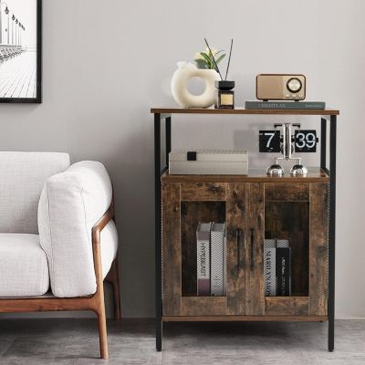 Meuble Bar à Vin Industriel  avec Porte Verres Casier à Vin Amovible Porte en Métal Grillagé 60x34x79 CM Brun