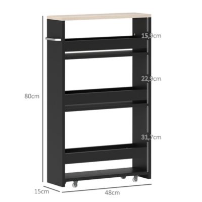 Meuble bas colonne rangement salle de bain à roulettes 3 niveaux dim. 48L x 15l x 80H cm MDF panneaux noir aspect chêne clair