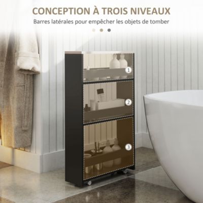 Meuble bas colonne rangement salle de bain à roulettes 3 niveaux dim. 48L x 15l x 80H cm MDF panneaux noir aspect chêne clair