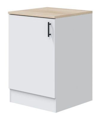 Meuble bas de cuisine avec plan de travail , 1 porte coloris blanc brillant /chêne canadien - H. 90 x L. 60 x P. 60 cm