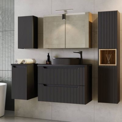 Meuble bas de salle de bain avec 1 porte - NEWPORT 30 x 60 x 40 cm rainuré noir en.casa