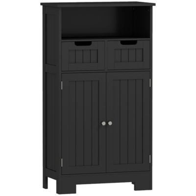 Meuble bas de salle de bain multi-rangements grande niche 2 tiroirs placard double porte avec étagère MDF noir
