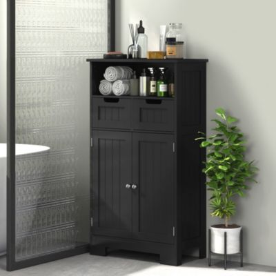 Meuble bas de salle de bain multi-rangements grande niche 2 tiroirs placard double porte avec étagère MDF noir