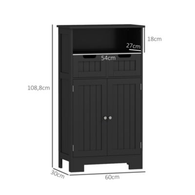 Meuble bas de salle de bain multi-rangements grande niche 2 tiroirs placard double porte avec étagère MDF noir