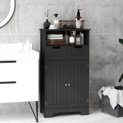 Meuble bas de salle de bain multi-rangements grande niche 2 tiroirs placard double porte avec étagère MDF noir