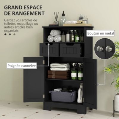 Meuble bas de salle de bain multi-rangements grande niche 2 tiroirs placard double porte avec étagère MDF noir