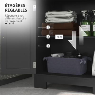 Meuble bas de salle de bain multi-rangements grande niche 2 tiroirs placard double porte avec étagère MDF noir