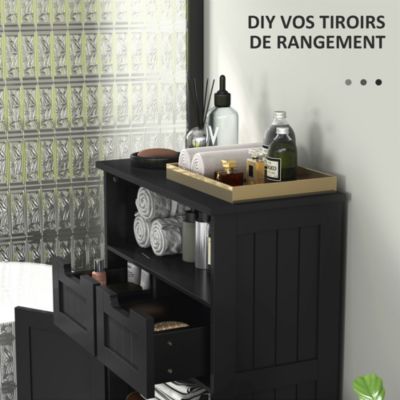 Meuble bas de salle de bain multi-rangements grande niche 2 tiroirs placard double porte avec étagère MDF noir