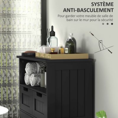 Meuble bas de salle de bain multi-rangements grande niche 2 tiroirs placard double porte avec étagère MDF noir