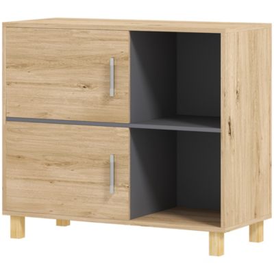 Meuble bas de salle de bain style bohème - 2 portes, 2 niches - gris effet bois clair naturel