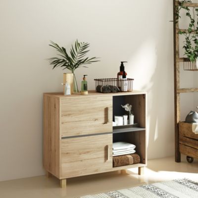 Meuble bas de salle de bain style bohème - 2 portes, 2 niches - gris effet bois clair naturel