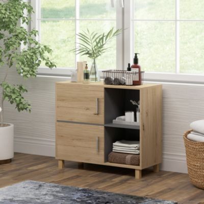 Meuble bas de salle de bain style bohème - 2 portes, 2 niches - gris effet bois clair naturel