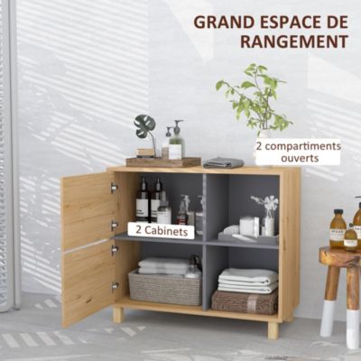 Meuble bas de salle de bain style bohème - 2 portes, 2 niches - gris effet bois clair naturel