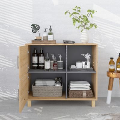Meuble bas de salle de bain style bohème - 2 portes, 2 niches - gris effet bois clair naturel