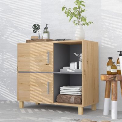 Meuble bas de salle de bain style bohème - 2 portes, 2 niches - gris effet bois clair naturel