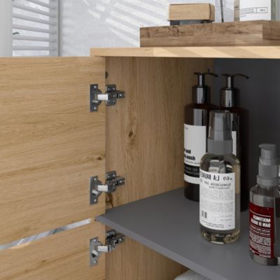 Meuble bas de salle de bain style bohème - 2 portes, 2 niches - gris effet bois clair naturel