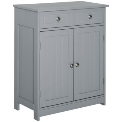 Meuble bas salle de bain - 2 portes, 2 tiroirs, étagère - poignées boutons métal - gris