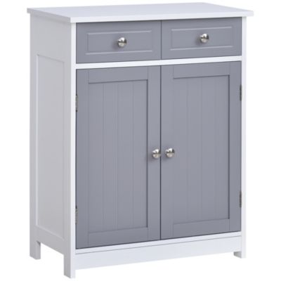 Meuble bas salle de bain - 2 portes, 2 tiroirs, étagère - poignées boutons métal - MDF blanc gris