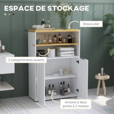 Meuble bas salle de bain - 2 portes, étagère, 2 niches - dim. 60L x 30l x 102H cm - blanc bois clair