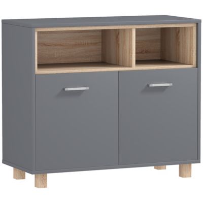 Meuble bas salle de bain design - 2 portes, 2 niches - gris effet bois clair naturel