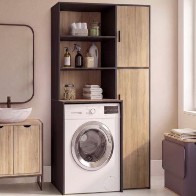 Meuble buanderie machine à laver ou sèche-linge WALLIS avec étagères et placard de rangement noir et bois