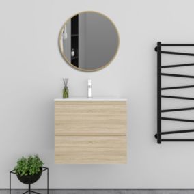 Meuble Chêne simple vasque l.60 x W.38.5 x H.52 cm,lavabo + miroir rond doré