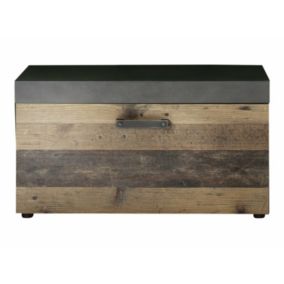 Meuble chambre. Banc de rangement en mélaminé coloris bois effet vieilli avec finition gris ciment . L - H - P : 80 - 45 - 37 cm.
