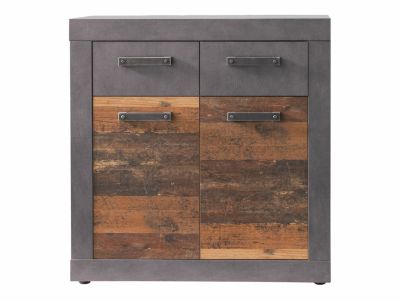 Meuble chambre. Commode avec 2 tiroirs en mélaminé coloris gris ciment portes bois effet vieilli . L - H - P : 82 - 86 - 37cm.