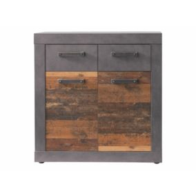 Meuble chambre. Commode avec 2 tiroirs en mélaminé coloris gris ciment portes bois effet vieilli . L - H - P : 82 - 86 - 37cm.