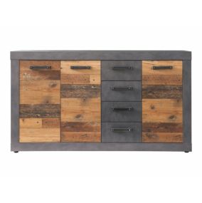 Meuble chambre. Commode avec 4 tiroirs en mélaminé coloris gris ciment portes bois effet vieilli. L - H - P : 151 - 86 - 37 cm.
