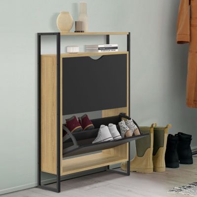 Meuble à chaussures 12 paires BOSTON 2 portes noires avec étagère supérieure design industriel