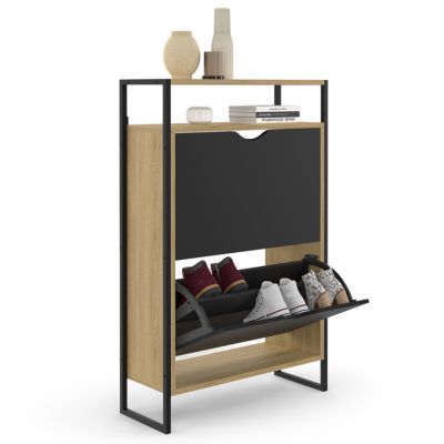 Meuble à chaussures 12 paires BOSTON 2 portes noires avec étagère supérieure design industriel