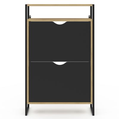 Meuble à chaussures 12 paires BOSTON 2 portes noires avec étagère supérieure design industriel