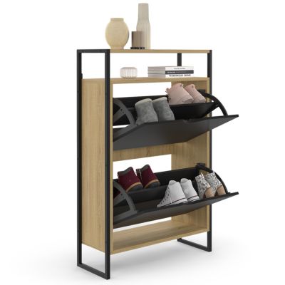 Meuble à chaussures 12 paires BOSTON 2 portes noires avec étagère supérieure design industriel
