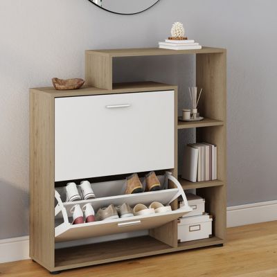 Meuble à chaussures 12 paires KLARK imitation hêtre 2 portes blanches avec étagère