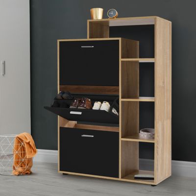 Meuble à chaussures 18 paires KLARK imitation hêtre 3 portes noires avec étagère
