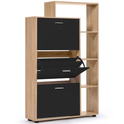 Meuble à chaussures 18 paires KLARK imitation hêtre 3 portes noires avec étagère
