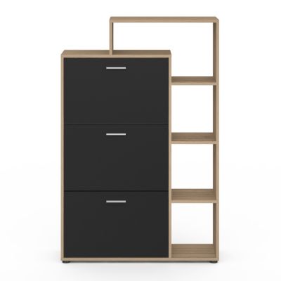 Meuble à chaussures 18 paires KLARK imitation hêtre 3 portes noires avec étagère