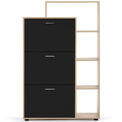 Meuble à chaussures 18 paires KLARK imitation hêtre 3 portes noires avec étagère