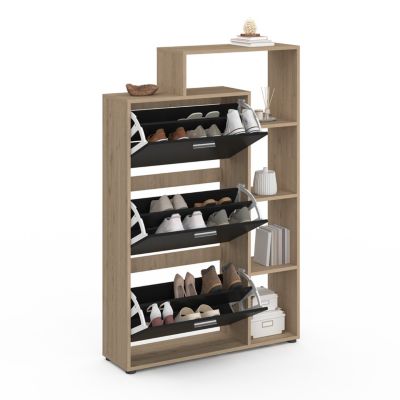 Meuble à chaussures 18 paires KLARK imitation hêtre 3 portes noires avec étagère