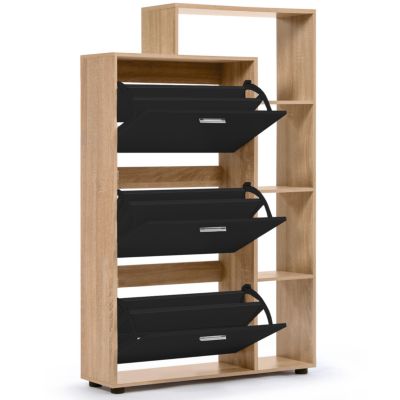Meuble à chaussures 18 paires KLARK imitation hêtre 3 portes noires avec étagère