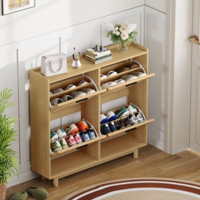 Meuble à chaussures 2 niveaux, range-chaussures 8 paires, design moderne et naturel, 100 x 24 x 95 cm, couleur chêne