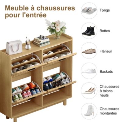 Meuble à chaussures 2 niveaux, range-chaussures 8 paires, design moderne et naturel, 100 x 24 x 95 cm, couleur chêne