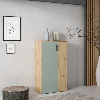 Meuble à chaussures 2 portes décor bois chêne et vert sauge - AMELIE
